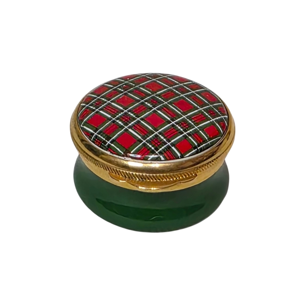Alastor Enamels Plaid Hinged Trinket Box Pill Box Ring Box Red Green White Gold